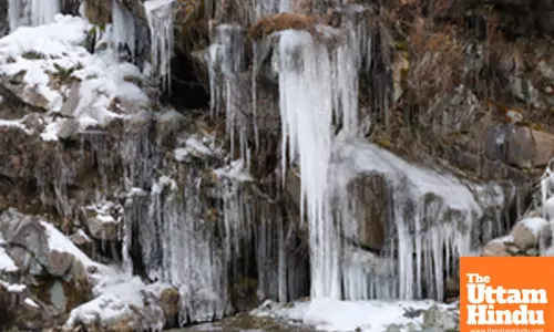 Baramulla: A view of a frozen waterfall in the Drung area of Tangmarg