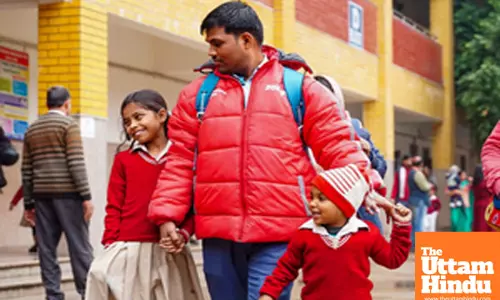 New Delhi: Students with their guardian leave after attending a Mega PTM