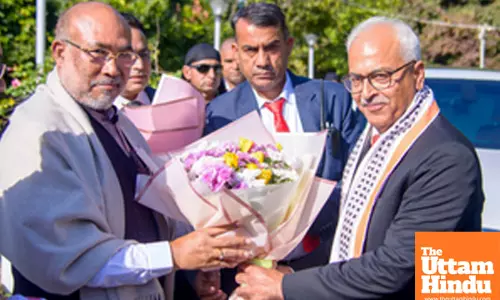 Imphal: Manipur Chief Minister N Biren Singh greets Newly appointed Manipur Governor Ajay Kumar Bhalla