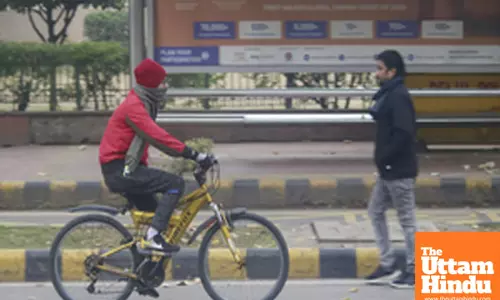 New Delhi: A man rides his bicycle along a foggy street in cold weather and reduced visibility
