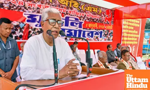 Guwahati: Former Tripura CM Manik Sarkar addresses a public meeting