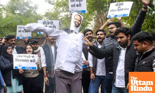New Delhi: NSUI members Protests against BJP candidate Ramesh Bidhuris derogatory remarks
