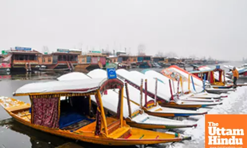 Srinagar: Snow-covered Shikara boats are moored to the bank of Dal Lake