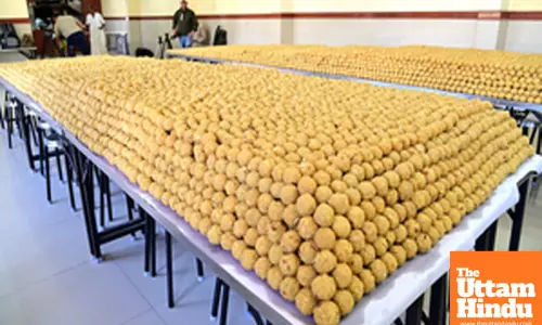 Bengaluru: One lakh laddus are displayed for distribution to devotees as part of the Vaikunta Ekadashi festival