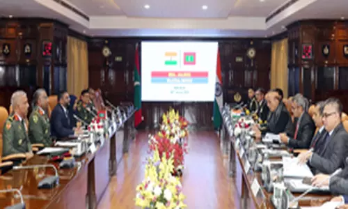 New Delhi: Union Minister for Defence,Rajnath Singh, holds a bilateral meeting with the Defence Minister of Maldives, Mohammed Ghassan Maumoon