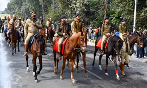 Prayagraj: Police personnel patrol on horseback to ensure safety during the preparations for the Maha Kumbh Mela 2025
