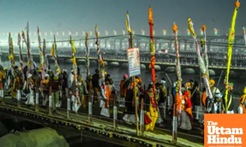 Prayagraj: Sadhus (Holy Men) of Akhil Bhartiya Vaishav Ani Akhara participate in the Peshwai religious procession for the Maha Kumbh Mela 2025