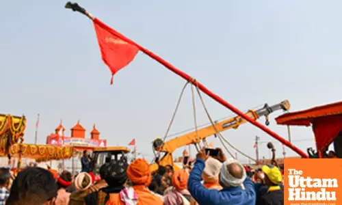 Prayagraj: Sadhus (holy men) during the Dharam Dhwaja (religious flag) ceremony