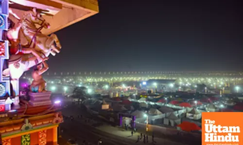 Prayagraj: A top view of the Illuminated tent city at the Sangam area