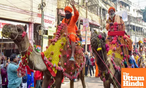 Prayagraj: Sadhus (holy men) from the Anand Akhara participate in Chavni Pravesh religious procession