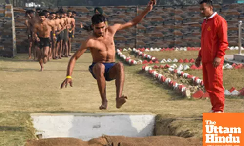 Lucknow: An Agniveer aspirant performs a long jump during an ongoing recruitment drive