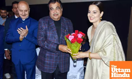 Nagpur: Union Minister Nitin Gadkari and actors Kangana Ranaut and Anupam Kher attend the screening of the film Emergency at Cinepolis Talkies