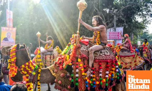 Prayagraj: Sadhus (holy men) participate in a religious procession of Shri Panchayati Nirmal Akhada