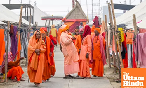 Prayagraj: Sadhus (Holy Man) outside their camps at the banks of the Sangam