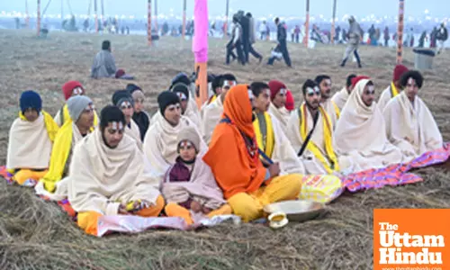 Prayagraj: Sadhus (Holy Men) at their camp on the banks of the Sangam