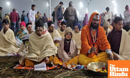 Prayagraj: Devotees from Lakshmivati Gurukul perform Rudrabhishek rituals at the Maha Kumbh Mela 2025