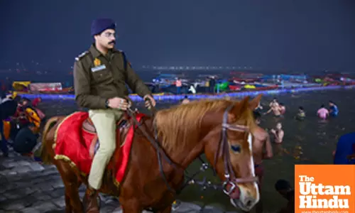 Prayagraj: Police personnel patrol on horseback to ensure safety during the Maha Kumbh Mela 2025