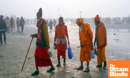 South 24 Parganas: Sadhus (Holy Men) at Gangasagar Island on a winter morning