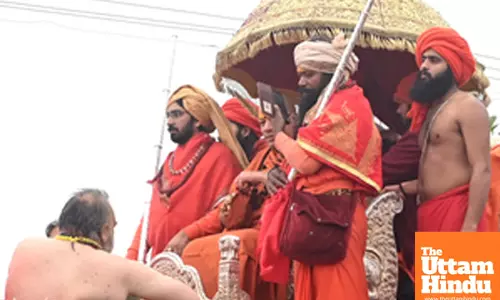 Prayagraj: Sadhus (Holy man) proceed towards Sangam Ghat for the Amrit Snan (holy bath)