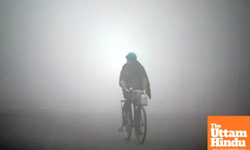 Noida: A man rides his bicycle through dense fog on a chilly winter morning