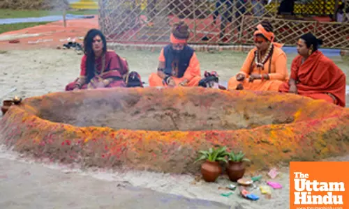 Prayagraj: Members of the Kinnar Akhada performs ritual at the Triveni Sangam,