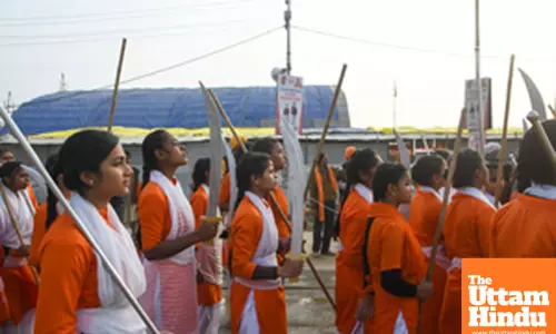 Prayagraj: Young women in traditional attire participate in a ceremonial procession during the Maha Kumbh Mela 2025
