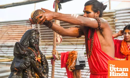 Prayagraj: A sadhu performs a ritual and offers prayers to Maa Kali during the Maha Kumbh Mela 2025