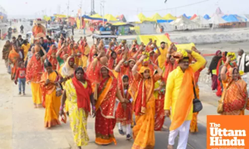 Prayagraj: Women devotees take part in a Kalash Yatra near the Sangam on the fourth day Maha Kumbh Mela 2025