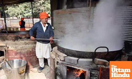 Prayagraj: A worker prepares food for devotees at Sangam during the Maha Kumbh Mela 2025