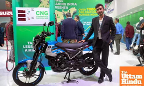New Delhi: Bajaj Freedom CNG Motorcycle on display at the Bharat Mobility Global Expo 2025