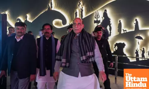 Prayagraj: Defence Minister Rajnath Singh and BJP Rajya Sabha MP Sudhanshu Trivedi visit the Digital Mahakumbh Experience Centre