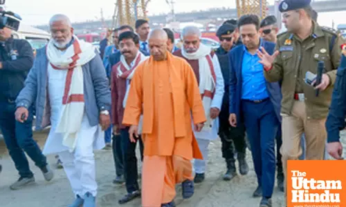 Prayagraj: Uttar Pradesh Chief Minister Yogi Adityanath arrives to inspect at Triveni sangam