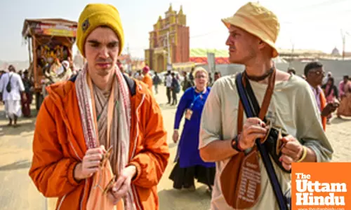 Prayagraj: ISKCON members participate in a Shobha Yatra at the Sangam during the Maha Kumbh Mela 2025