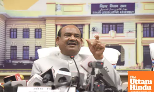 Patna: Lok Sabha Speaker Om Birla addresses a press conference