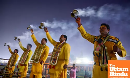 Prayagraj: Priests perform Ganga Aarti at the Sangam during the ongoing Maha Kumbh Mela 2025