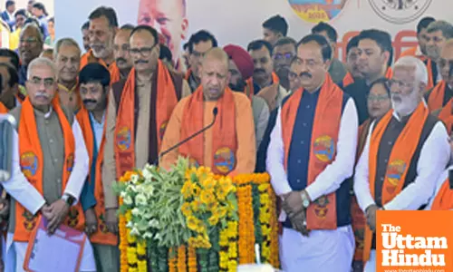 Prayagraj: Uttar Pradesh Chief Minister Yogi Adityanath addresses after the Council of Ministers