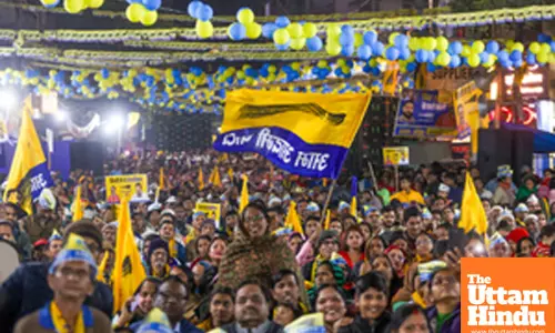 New Delhi: AAP supporters cheer enthusiastically during a public meeting in support of party candidate Awadh Ojha