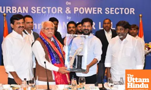 Hyderabad: Union Minister Manohar Lal Khattar with Telangana Chief Minister Revanth Reddy during URBAN & POWER sector review meeting