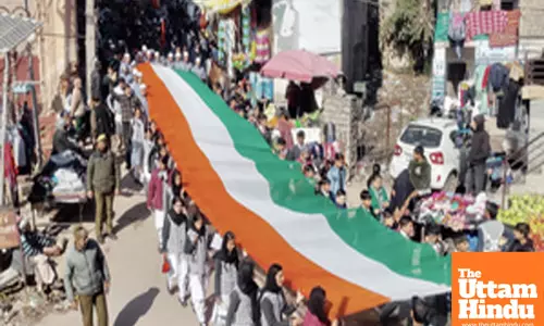 Jammu: Members of the Akhil Bharatiya Vidyarthi Parishad (ABVP) during ‘Tiranga Rally’