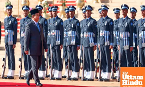 New Delhi: Ceremonial welcome of the President of Indonesia, Prabowo Subianto at the forecourt of Rashtrapati Bhavan