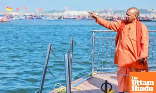 Prayagraj: Uttar Pradesh Chief Minister Yogi Adityanath inspects the Arail Ghat