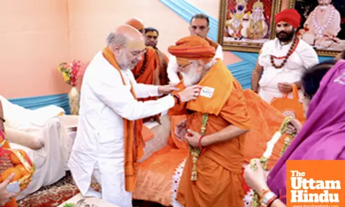 Prayagraj: Union Home Minister Amit Shah meets Guru Sharananand Ji Maharaj and Revered Swami Govinddev Giri Ji Maharaj