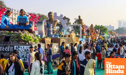 New Delhi: Visitors explore the vibrant display of Republic Day parade tableaux
