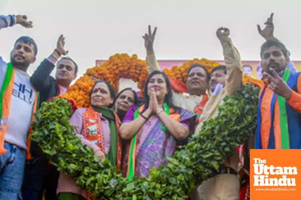 New Delhi: Delhi BJP MP Basuri Suraj attends a public meeting in support of BJP candidate Rajkumar Anand New Delhi: Delhi BJP MP Basuri Suraj attends a public meeting in support of BJP candidate Rajkumar Anand