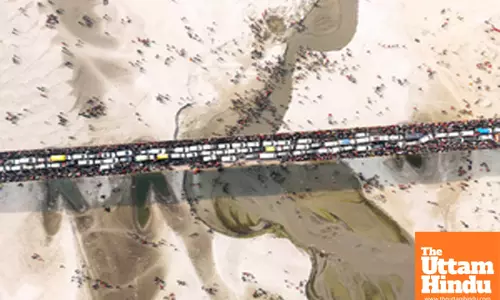 Prayagraj: An aerial view of the massive crowd and traffic congestion on a bridge