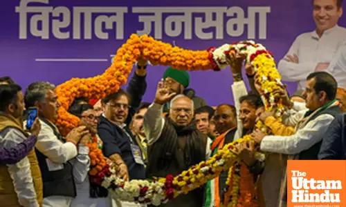 New Delhi: Congress National President Mallikarjun Kharge attends a public rally in support of party candidate Mangesh Tyagi