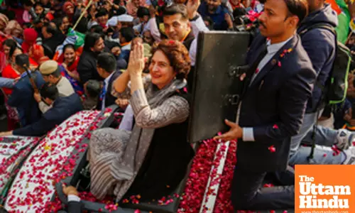 New Delhi:Congress MP Priyanka Gandhi takes part in a roadshow in support of Congress candidate Abhishek Dutt