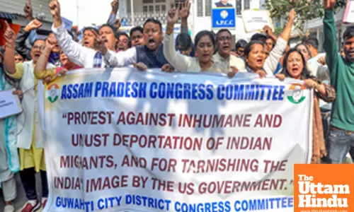 Members of the Assam Pradesh Congress Committee stage a protest at Rajiv Bhawan against the deportation of Indian nationals from the U.S