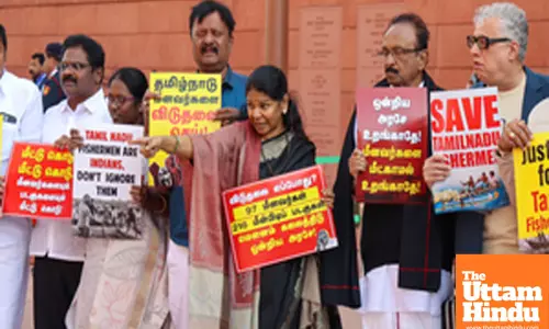 Opposition MPs from Tamil Nadu protest on Parliament premises demanding to bring back Indian fishermen caught by Sri Lankan forces