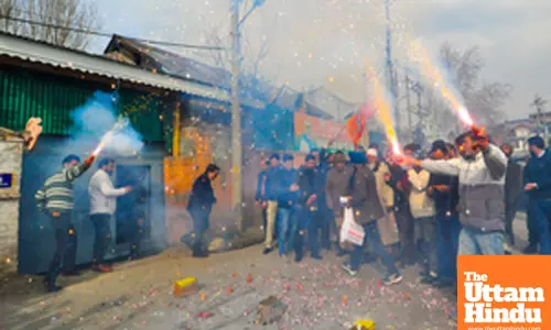 BJP workers burst crackers to celebrate the partys victory in the Delhi Assembly elections